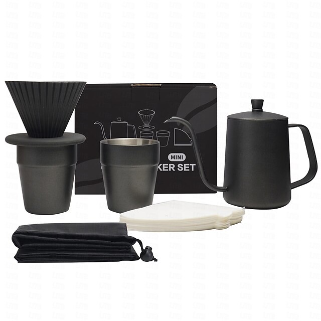Pour Over Coffee Maker Set- 6 in 1 SUS304 Teflon Surface Slow Drip Coffee Maker Set Dripping Cup Filter Paper Cup Portable Box for Traveling,Coffee Gift Box Set Valentine's Day Gift