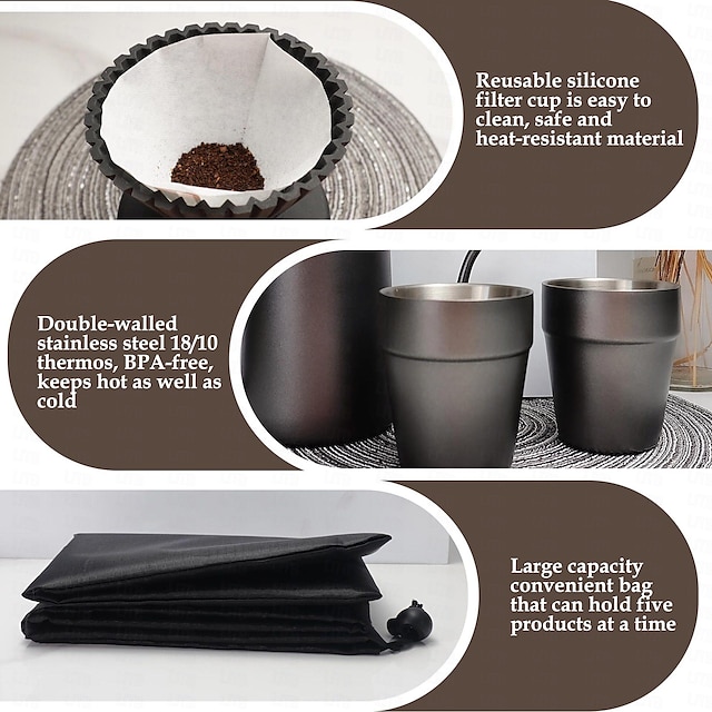 Pour Over Coffee Maker Set- 6 in 1 SUS304 Teflon Surface Slow Drip Coffee Maker Set Dripping Cup Filter Paper Cup Portable Box for Traveling,Coffee Gift Box Set Valentine's Day Gift